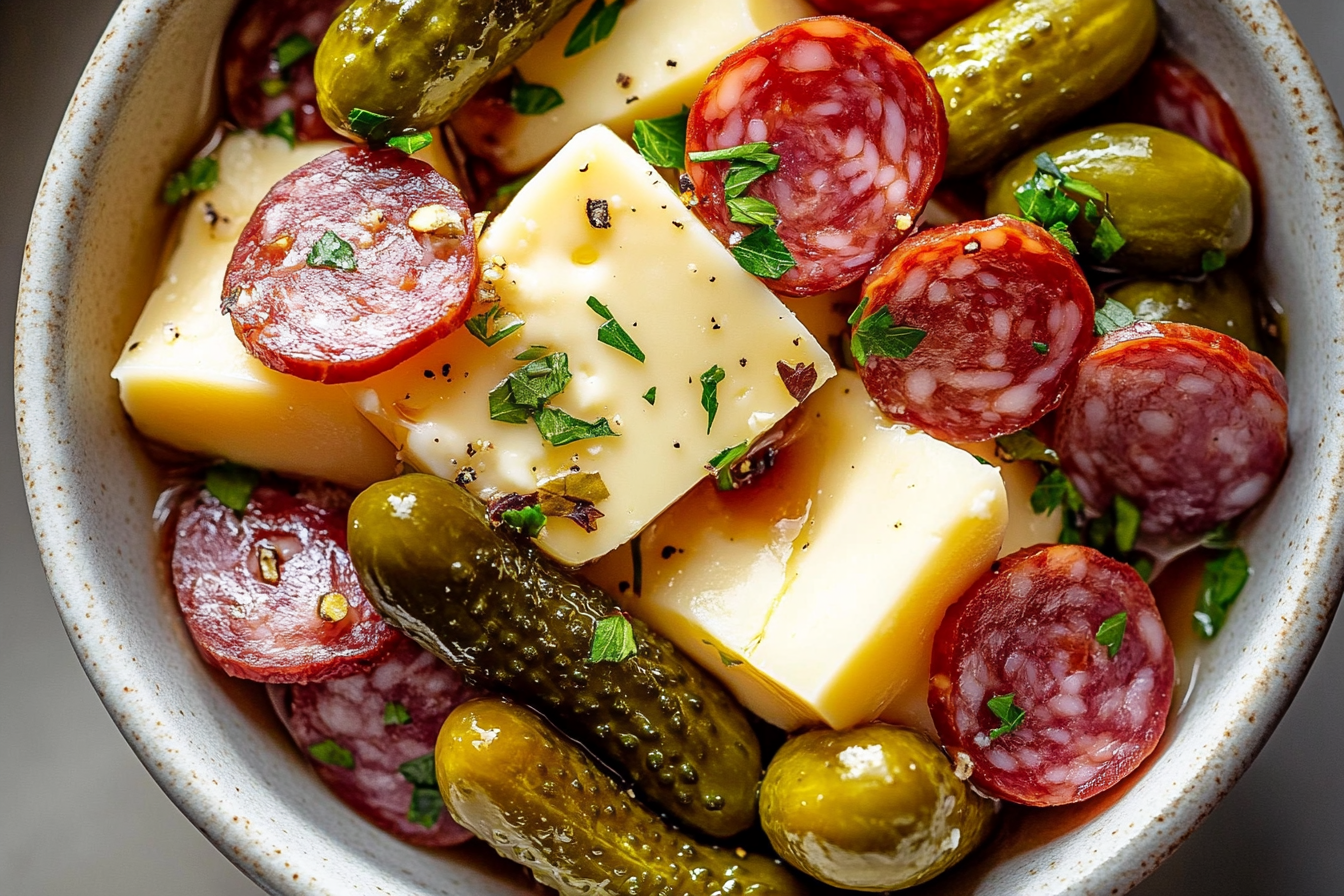 Marinated Cheese Appetizer with Salami & Pickles