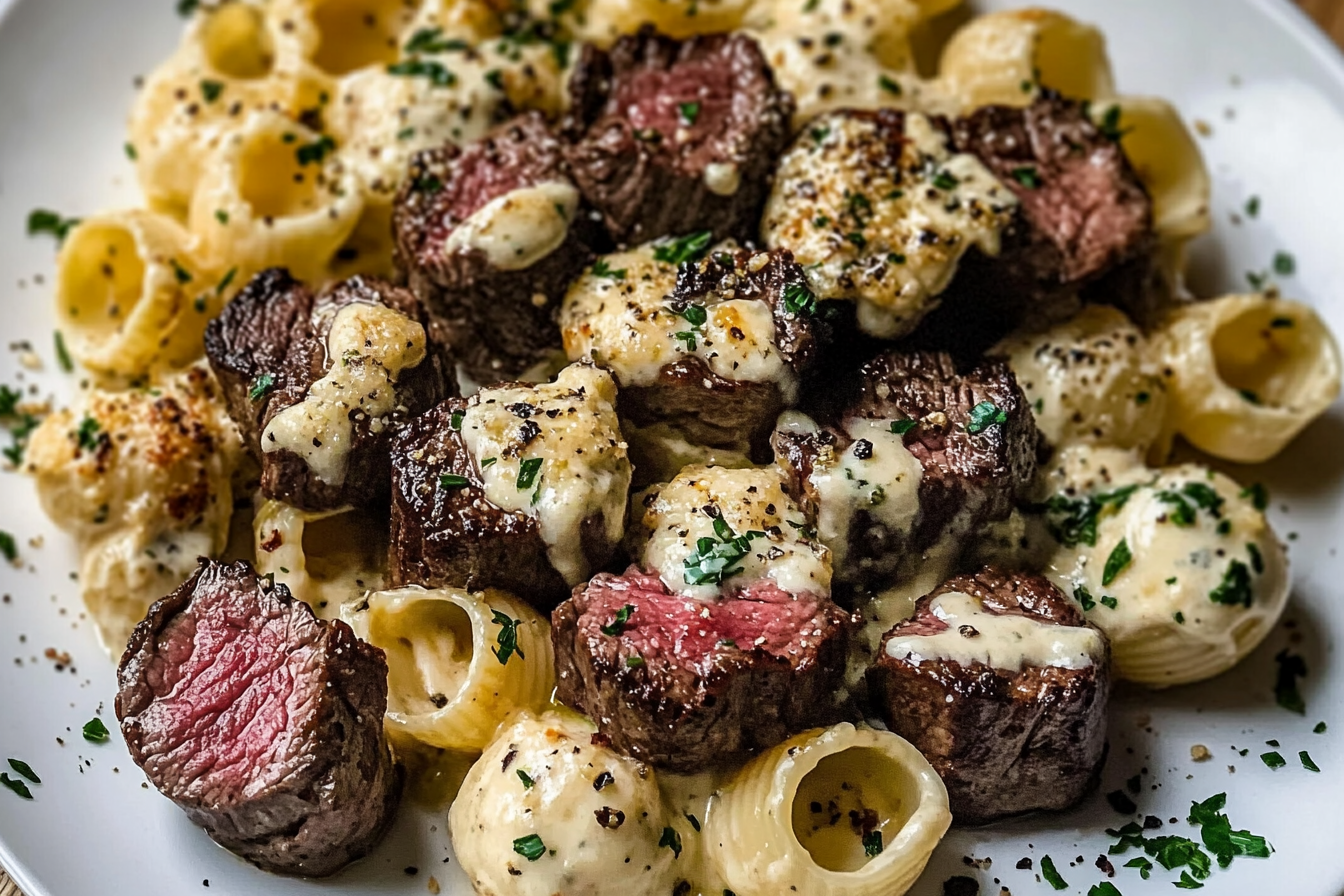 Garlic Butter Steak Bites & Creamy Parmesan Shells