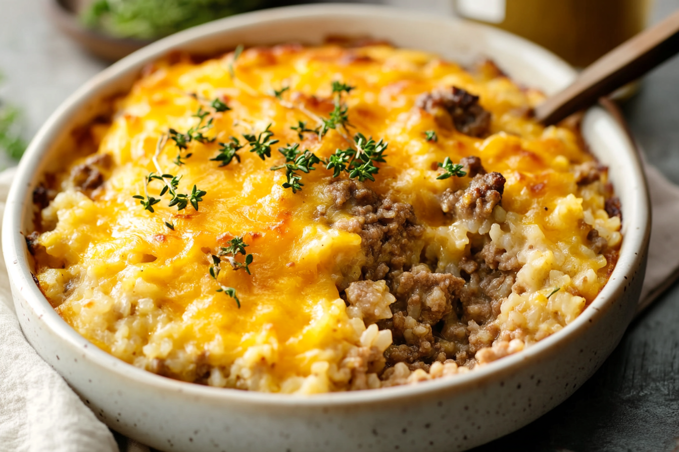 Cheddar-Crusted Ground Beef and Rice Casserole