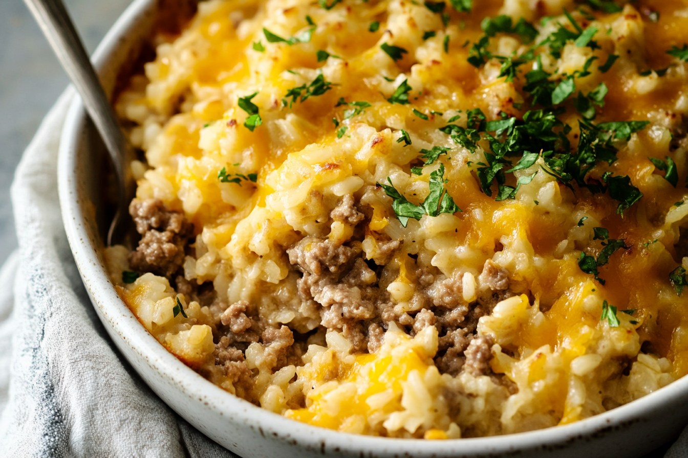 Cheddar-Crusted Ground Beef and Rice Casserole