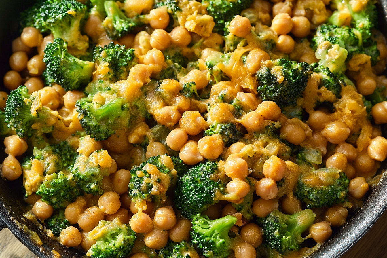 Cheesy Broccoli Cheddar Chickpea Skillet