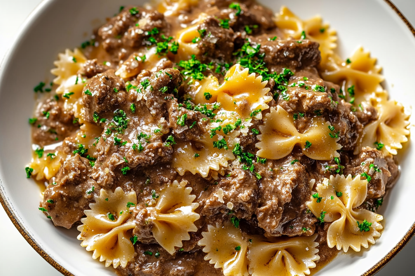 Cheesy Beef and Bowtie Pasta in Garlic Butter
