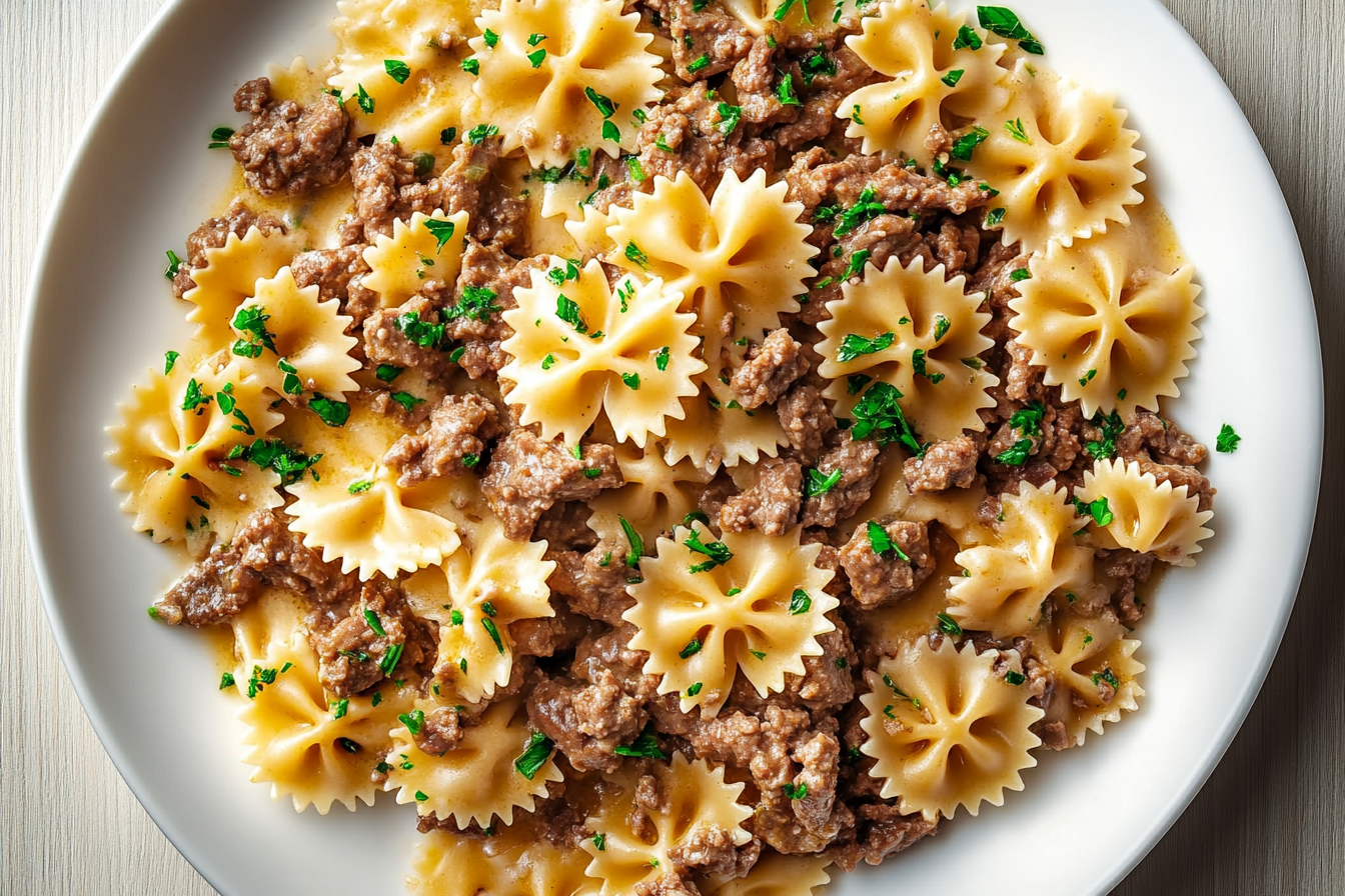 Cheesy Beef and Bowtie Pasta in Garlic Butter
