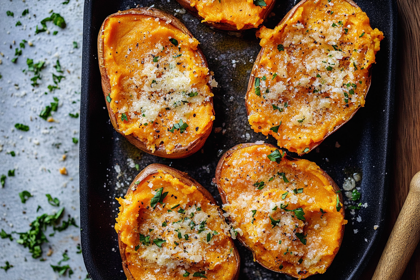 garlic-butter-smashed-sweet-potatoes-parmesan