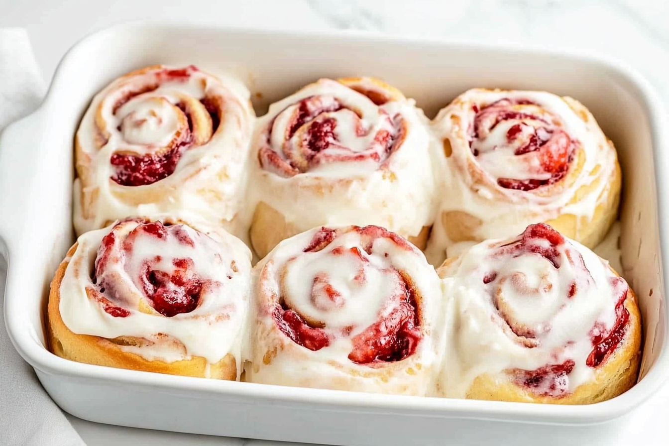 Fluffy Homemade Strawberry Cheesecake Cinnamon Rolls with Vanilla Glaze