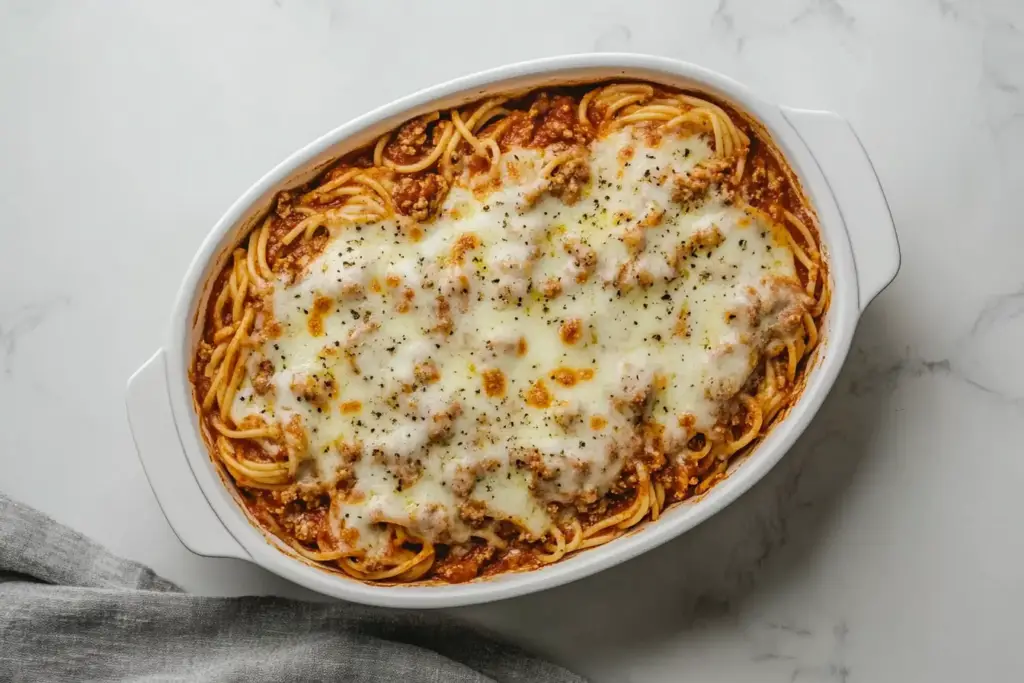 Spaghetti Casserole With Ground Beef and Cheese