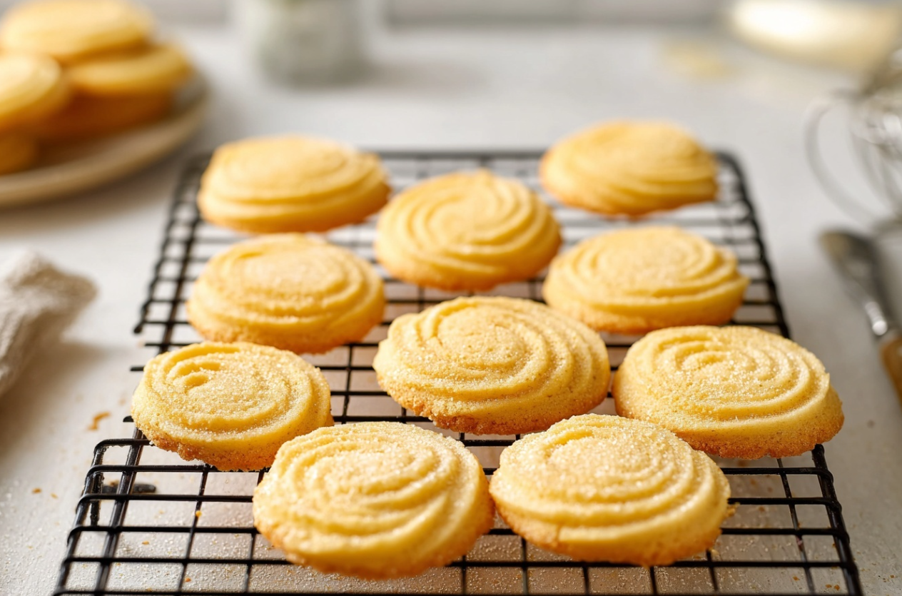 A stack of golden-brown, round crispy butter cookies on a white plate, with one cookie broken in half to show its delicate, snappy texture.