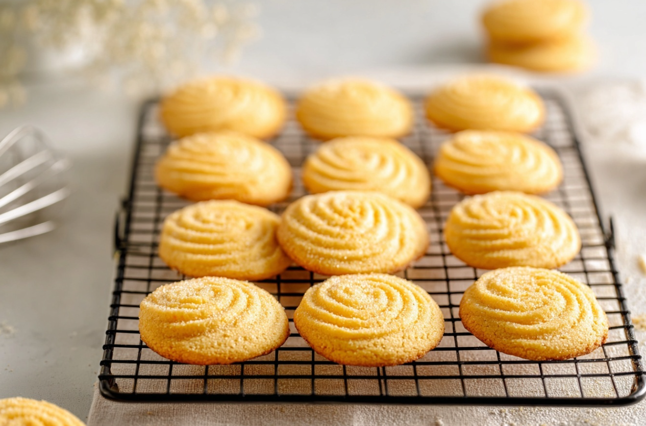 A stack of golden-brown, round crispy butter cookies on a white plate, with one cookie broken in half to show its delicate, snappy texture.