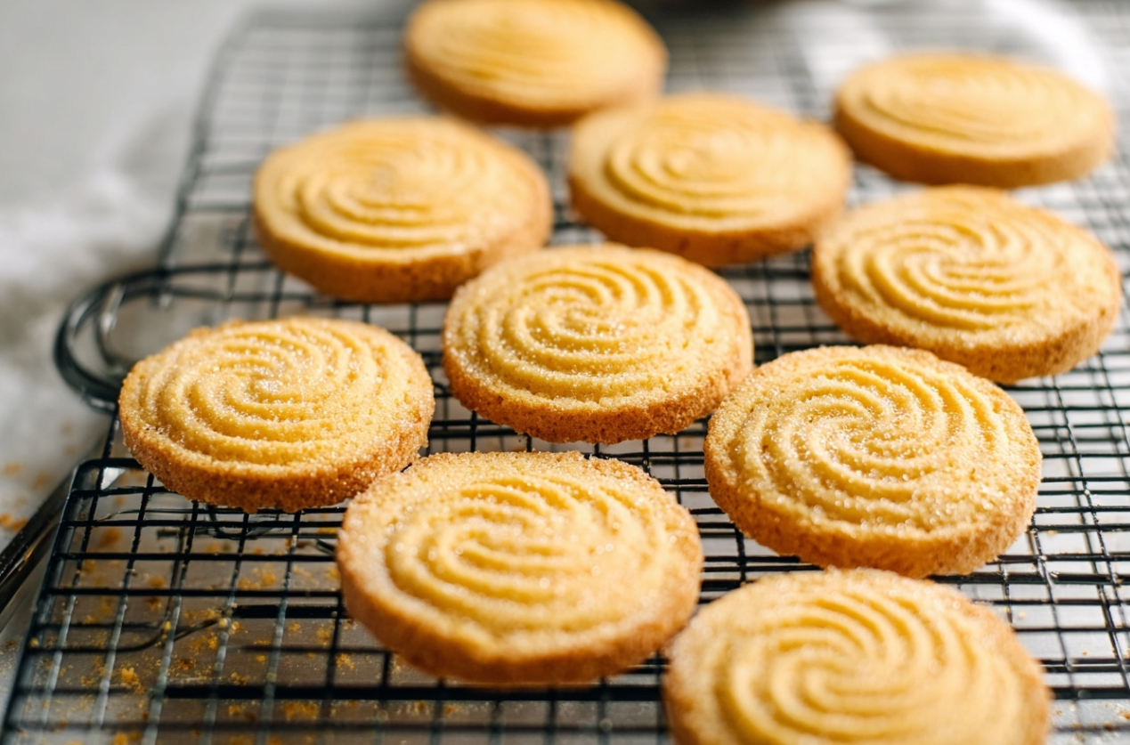 A stack of golden-brown, round crispy butter cookies on a white plate, with one cookie broken in half to show its delicate, snappy texture.
