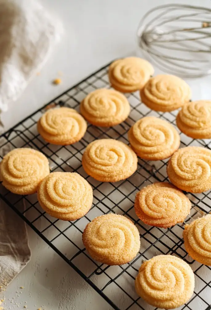A stack of golden-brown, round crispy butter cookies on a white plate, with one cookie broken in half to show its delicate, snappy texture.