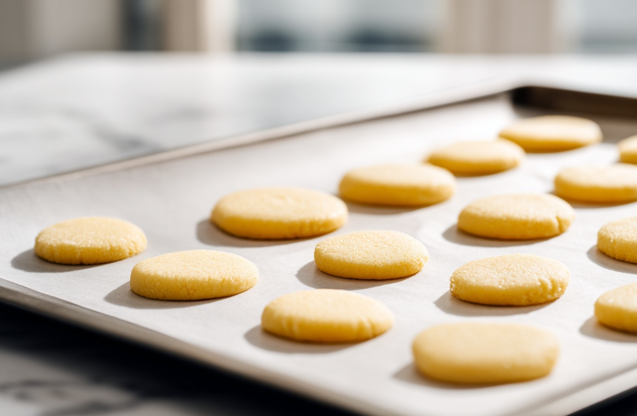 A stack of golden-brown, round crispy butter cookies on a white plate, with one cookie broken in half to show its delicate, snappy texture.