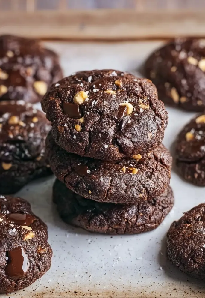 "Close-up of freshly baked double chocolate cookies with visible hazelnuts and melted chocolate chips on a cooling rack"