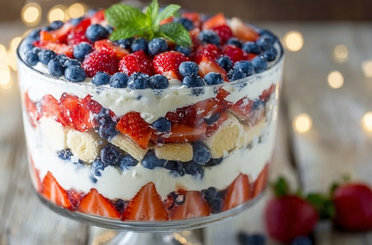 Delicious no-bake strawberry blueberry trifle in a clear glass bowl, showing layers of fresh berries, creamy white filling, and cake.
