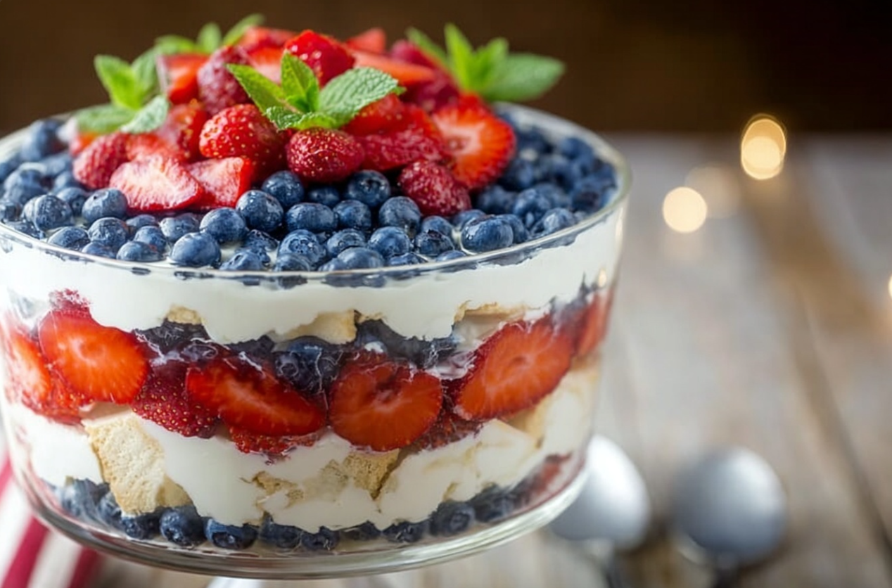 Delicious no-bake strawberry blueberry trifle in a clear glass bowl, showing layers of fresh berries, creamy white filling, and cake.