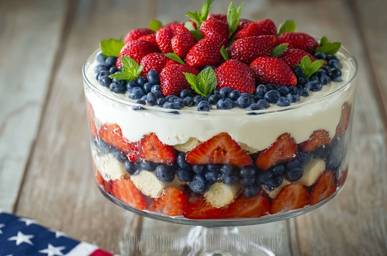Delicious no-bake strawberry blueberry trifle in a clear glass bowl, showing layers of fresh berries, creamy white filling, and cake.