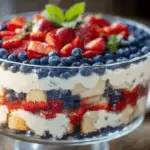 Delicious no-bake strawberry blueberry trifle in a clear glass bowl, showing layers of fresh berries, creamy white filling, and cake.