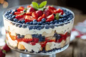 Delicious no-bake strawberry blueberry trifle in a clear glass bowl, showing layers of fresh berries, creamy white filling, and cake.