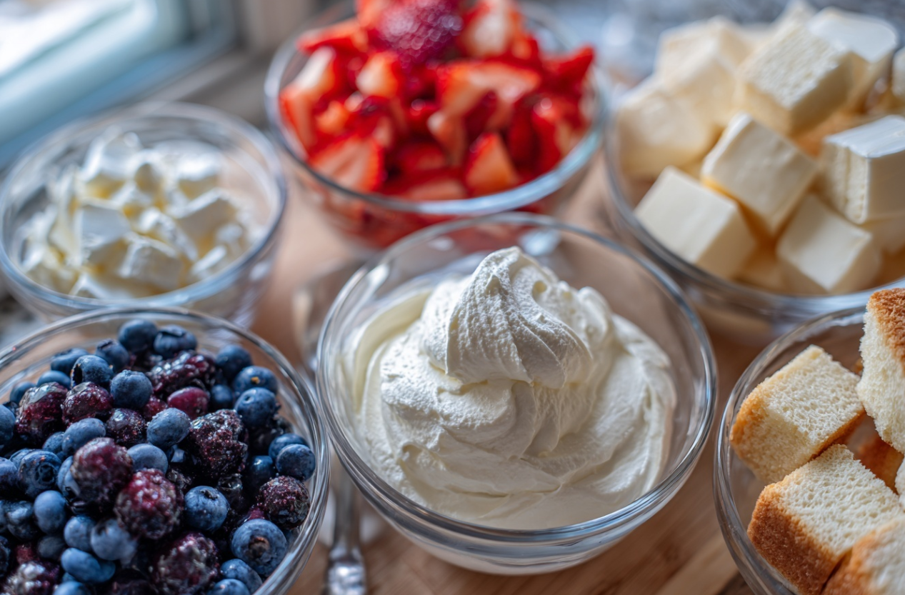 Delicious no-bake strawberry blueberry trifle in a clear glass bowl, showing layers of fresh berries, creamy white filling, and cake.
