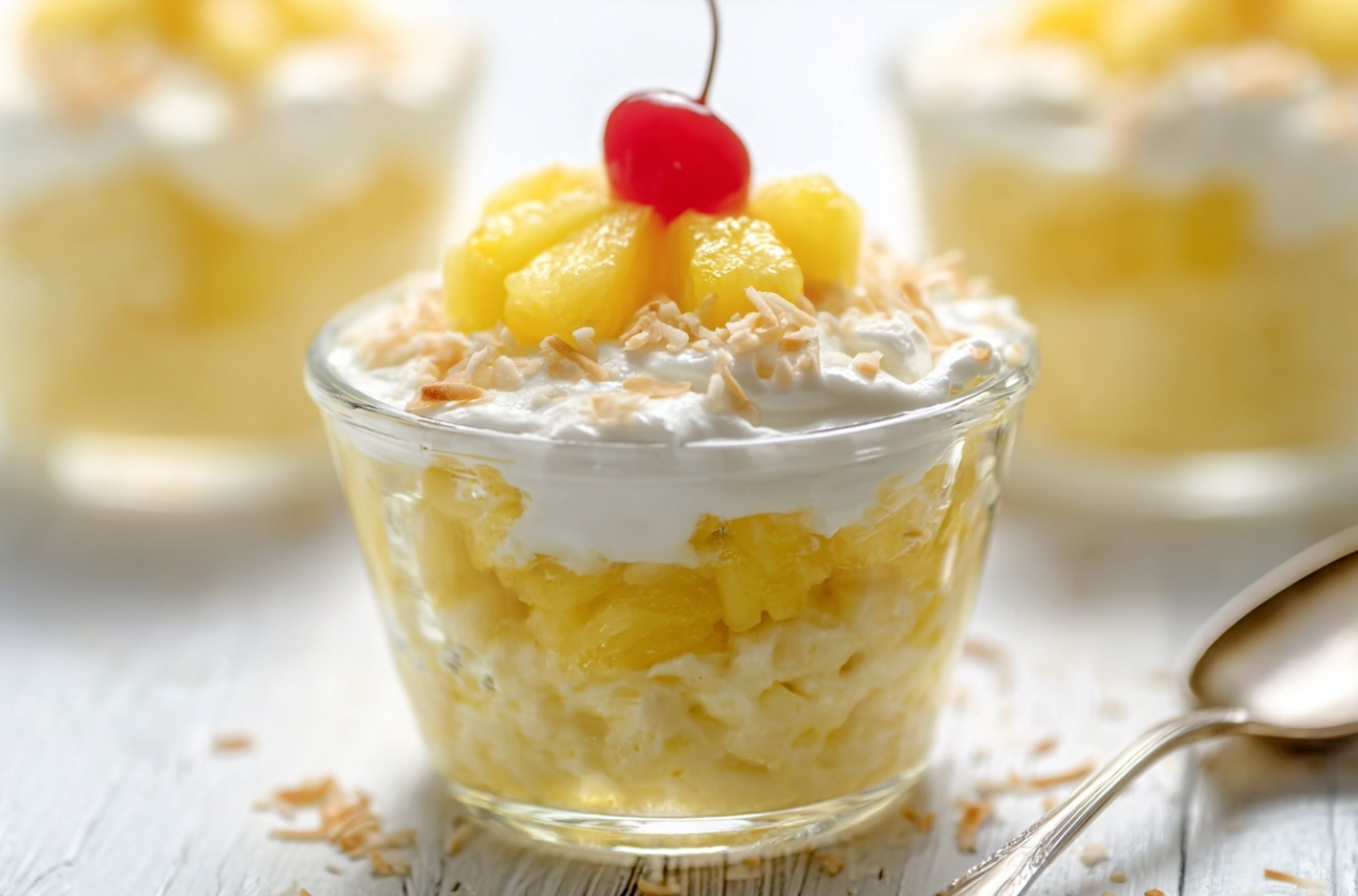 A vibrant bowl of easy pineapple dessert, garnished with fresh pineapple chunks and shredded coconut, ready to serve.