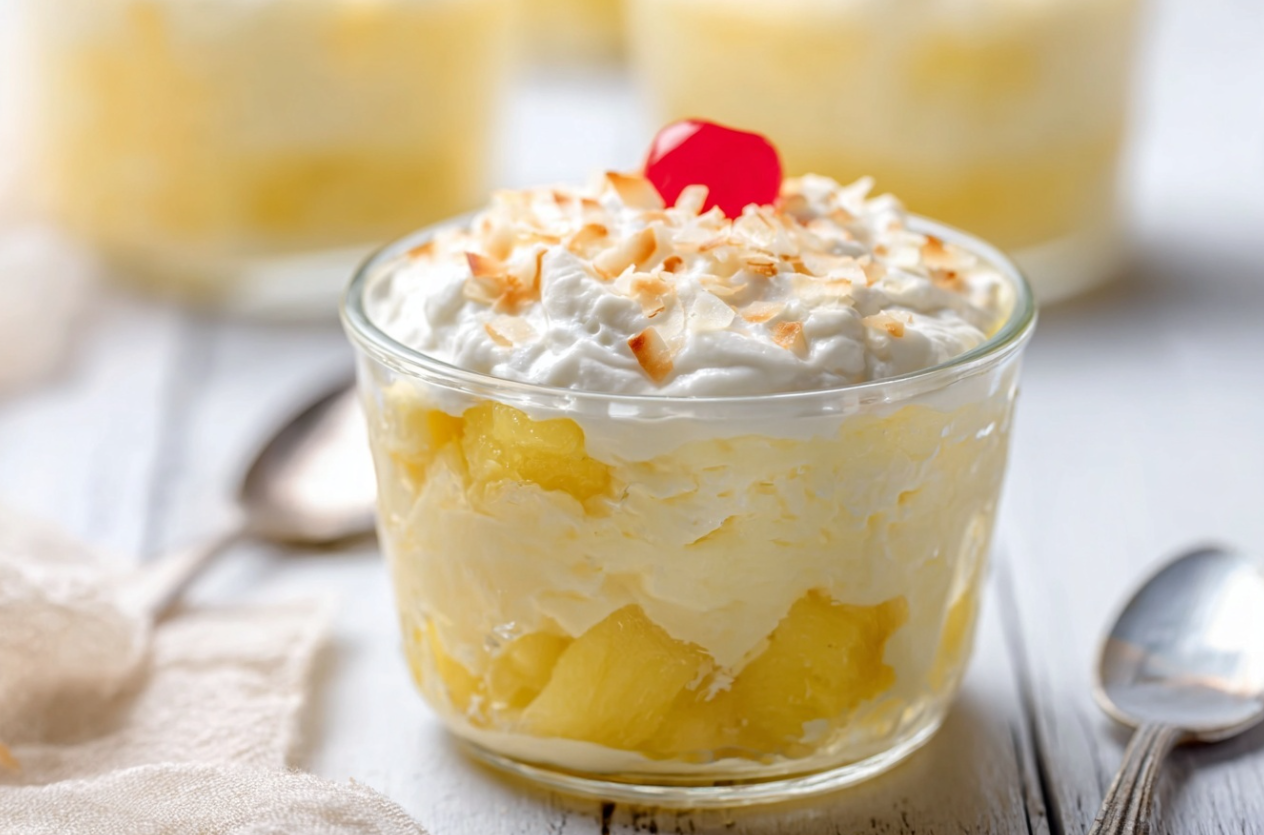 A vibrant bowl of easy pineapple dessert, garnished with fresh pineapple chunks and shredded coconut, ready to serve.
