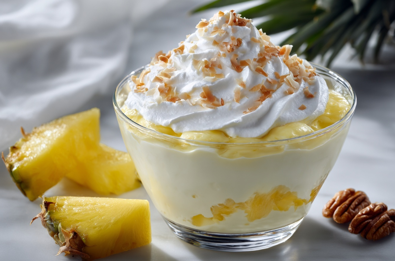 A vibrant bowl of easy pineapple dessert, garnished with fresh pineapple chunks and shredded coconut, ready to serve.