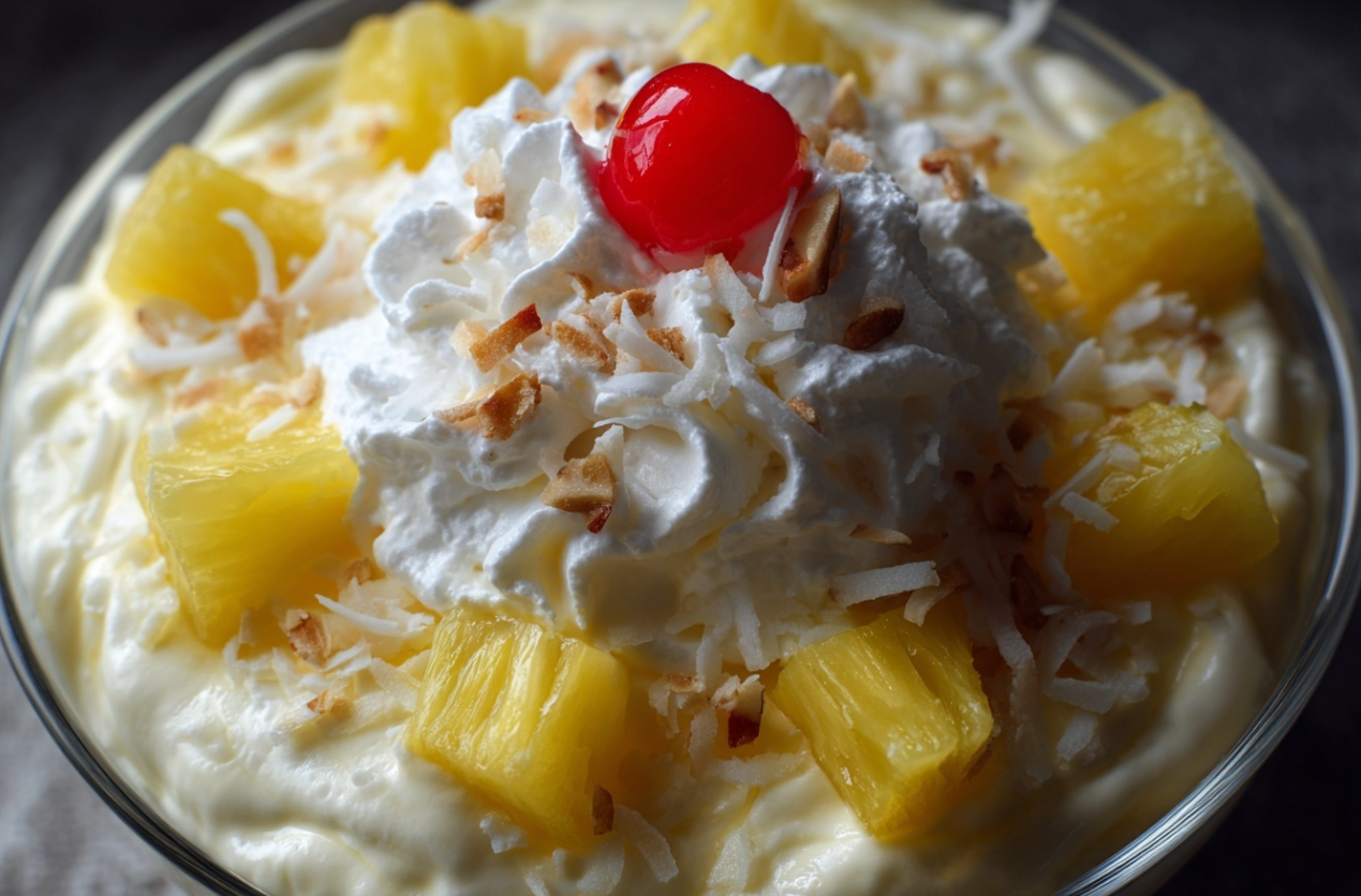 A vibrant bowl of easy pineapple dessert, garnished with fresh pineapple chunks and shredded coconut, ready to serve.