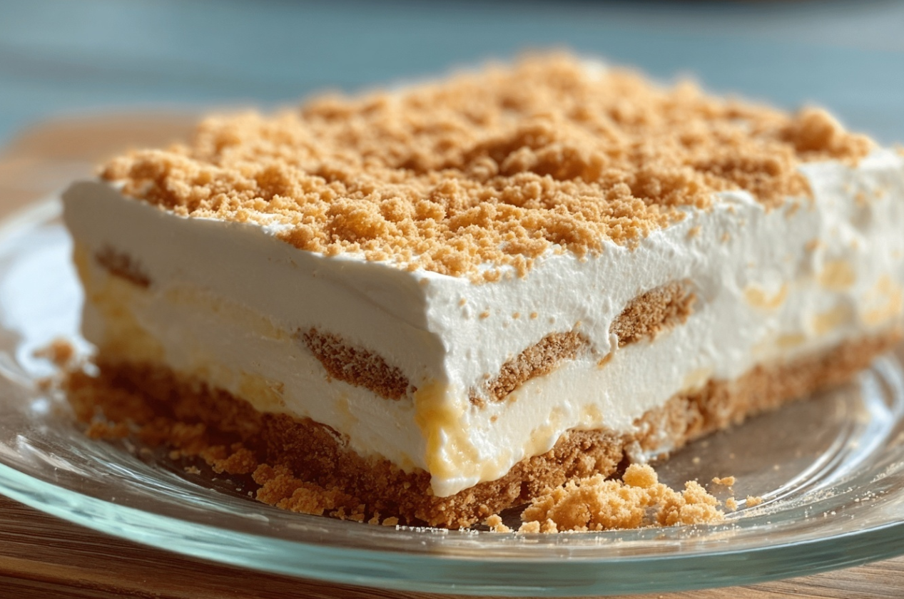 Sliced Woolworth's Icebox Cake showing creamy lemon layers and graham crackers