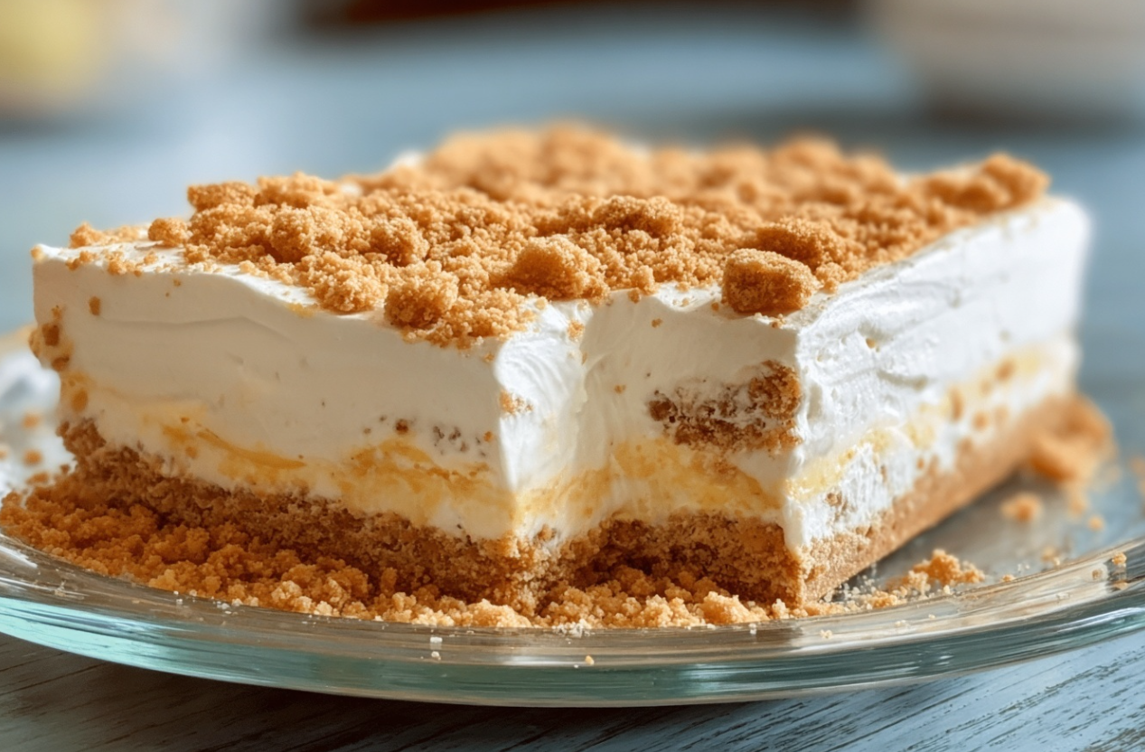 Sliced Woolworth's Icebox Cake showing creamy lemon layers and graham crackers