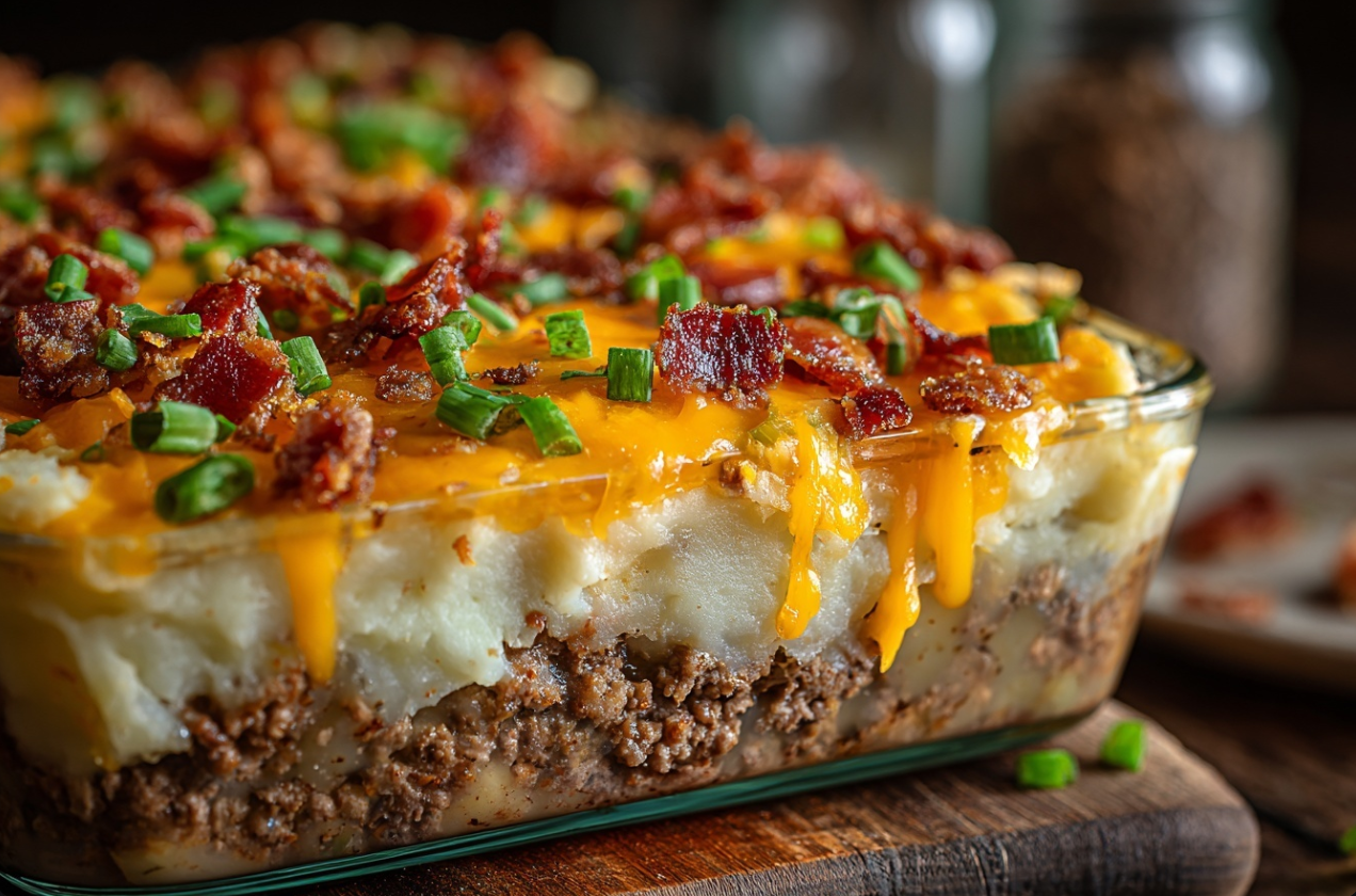 A bubbling Loaded Potato & Meatloaf Casserole, fresh from the oven, with golden-brown cheesy potatoes and savory meatloaf visible beneath, garnished with fresh green onions.