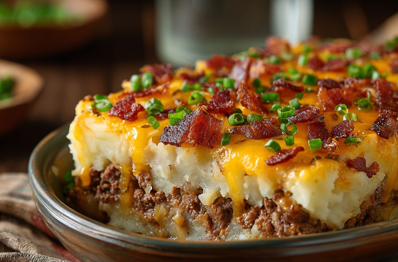 A bubbling Loaded Potato & Meatloaf Casserole, fresh from the oven, with golden-brown cheesy potatoes and savory meatloaf visible beneath, garnished with fresh green onions.