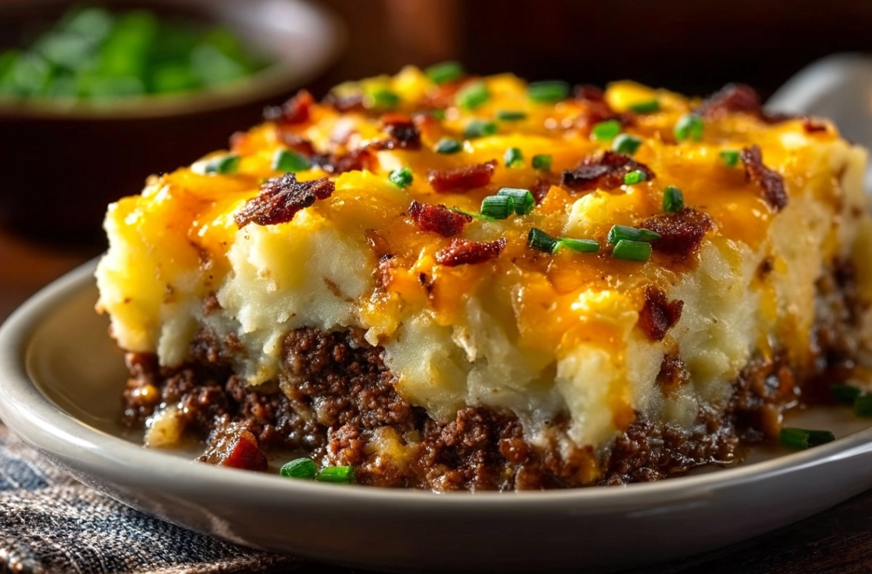 A bubbling Loaded Potato & Meatloaf Casserole, fresh from the oven, with golden-brown cheesy potatoes and savory meatloaf visible beneath, garnished with fresh green onions.