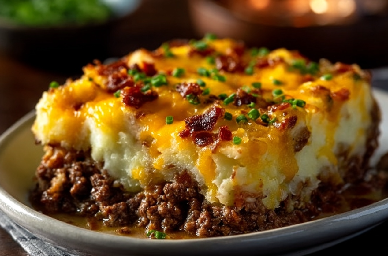 A bubbling Loaded Potato & Meatloaf Casserole, fresh from the oven, with golden-brown cheesy potatoes and savory meatloaf visible beneath, garnished with fresh green onions.