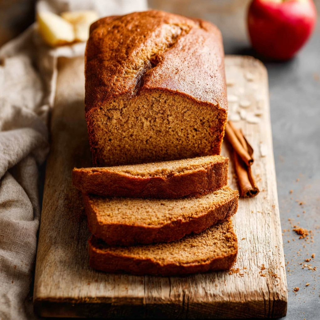 Capture d'écran 2025-07-02 120931 A golden-brown loaf of homemade applesauce bread on a wooden board, with one slice cut to show the moist, tender interior.