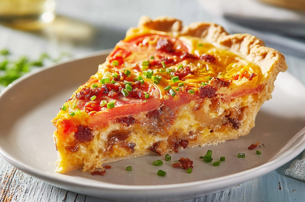 A golden-brown Bacon Onion Tomato Pie, fresh from the oven, with a slice taken out to show the creamy layers of tomato, cheese, and onion inside.