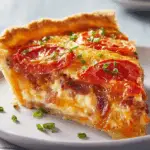 A golden-brown Bacon Onion Tomato Pie, fresh from the oven, with a slice taken out to show the creamy layers of tomato, cheese, and onion inside.