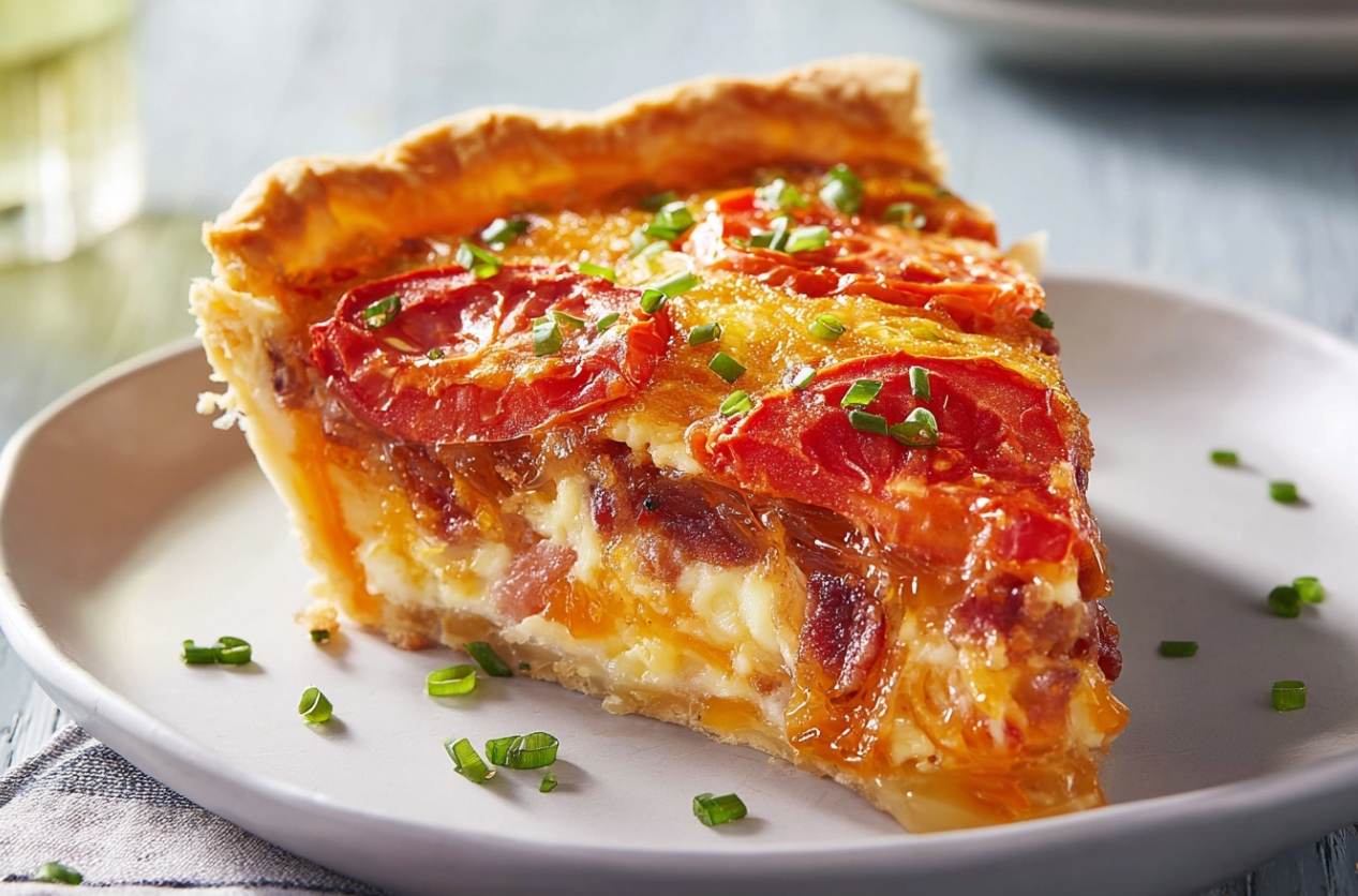 A golden-brown Bacon Onion Tomato Pie, fresh from the oven, with a slice taken out to show the creamy layers of tomato, cheese, and onion inside.