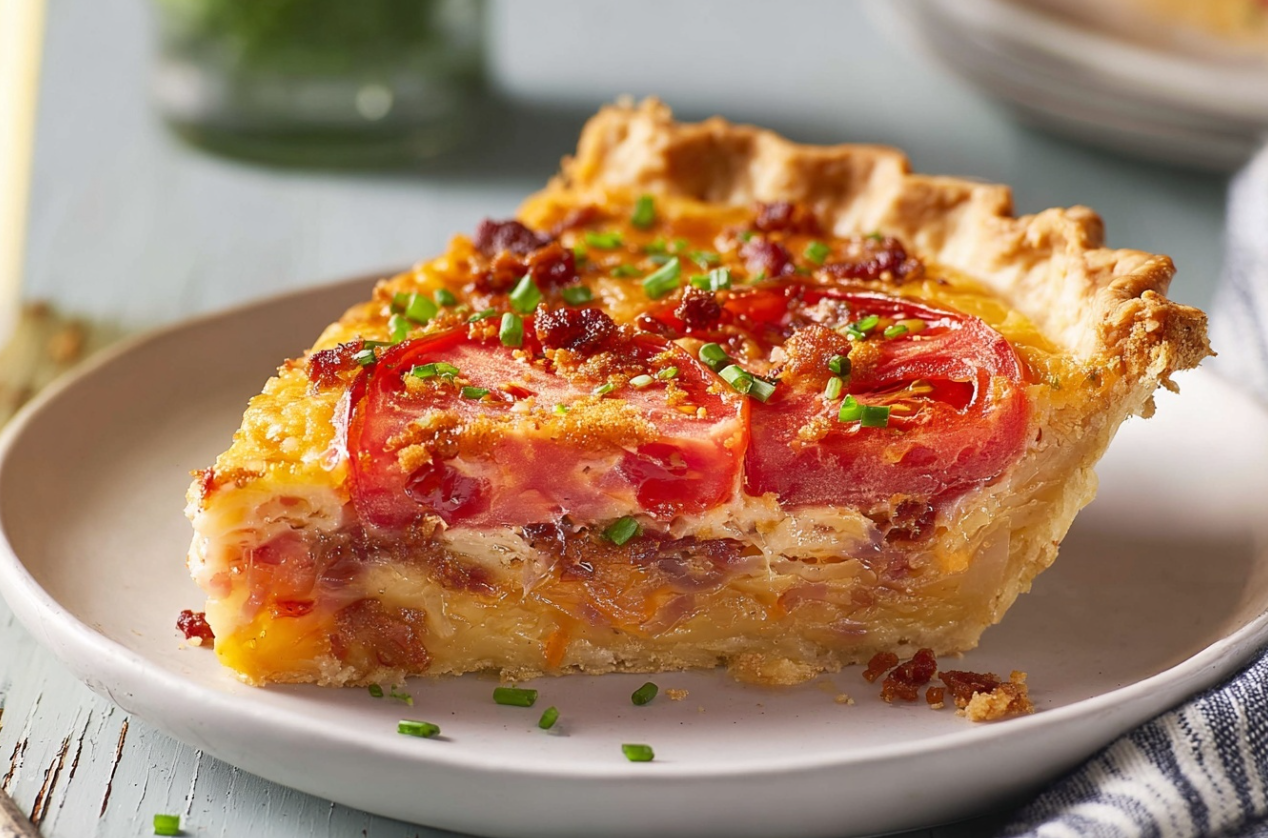 A golden-brown Bacon Onion Tomato Pie, fresh from the oven, with a slice taken out to show the creamy layers of tomato, cheese, and onion inside.