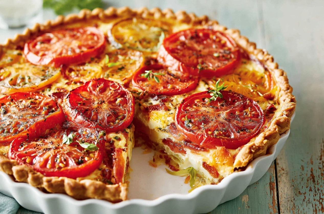 A golden-brown Bacon Onion Tomato Pie, fresh from the oven, with a slice taken out to show the creamy layers of tomato, cheese, and onion inside.