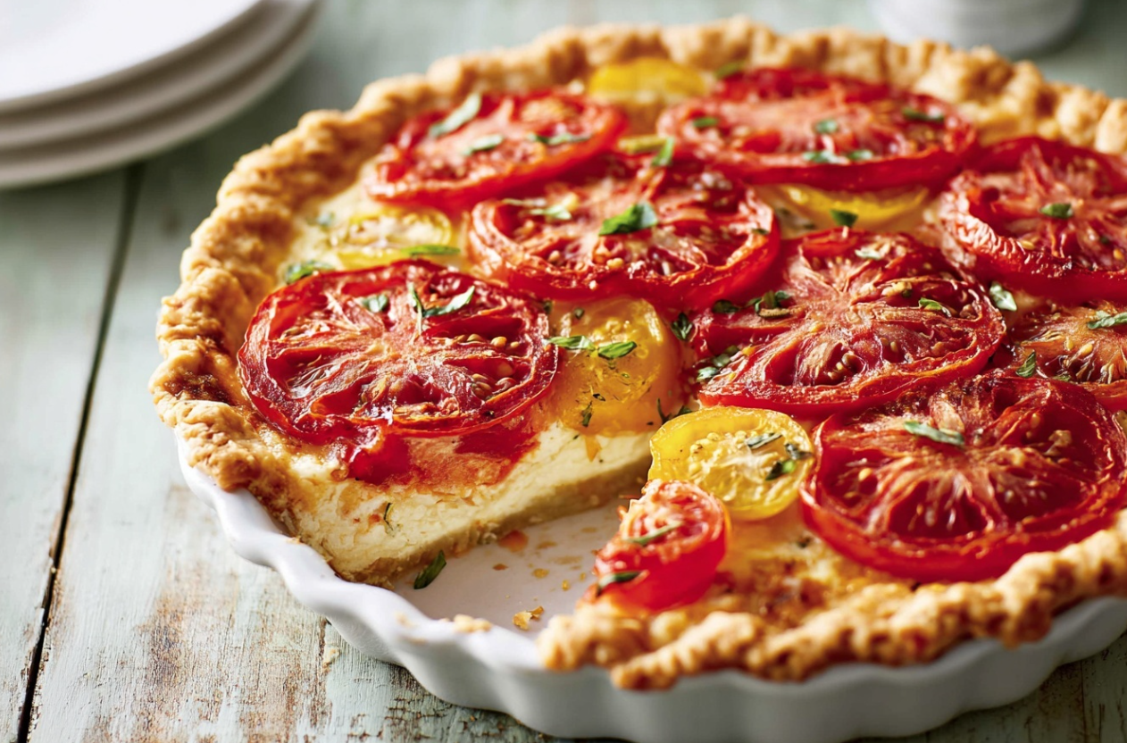 A golden-brown Bacon Onion Tomato Pie, fresh from the oven, with a slice taken out to show the creamy layers of tomato, cheese, and onion inside.