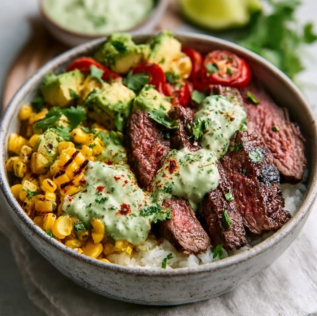 Grilled steak bowl with avocado, roasted corn, rice, cherry tomatoes, and cilantro cream sauce