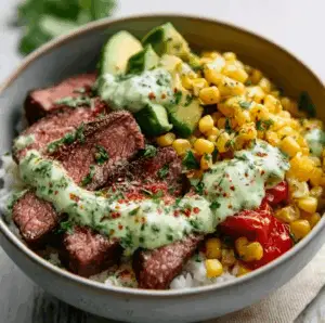 Grilled steak bowl with avocado, roasted corn, rice, cherry tomatoes, and cilantro cream sauce