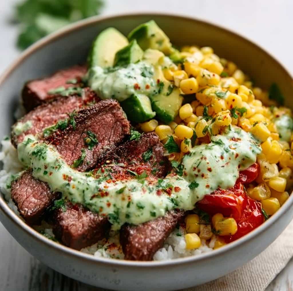 Steak, Avocado, and Roasted Corn Bowl with Cilantro Cream Sauce