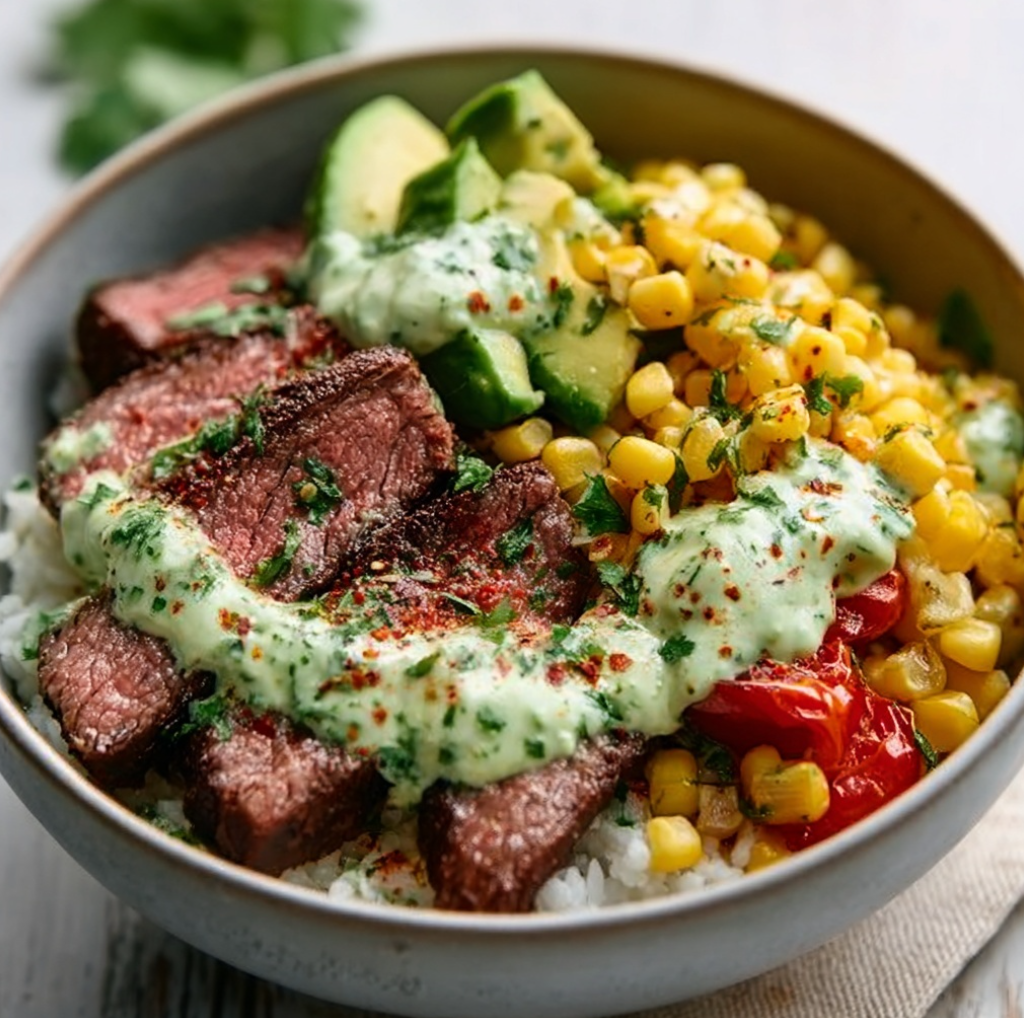 Steak, Avocado, and Roasted Corn Bowl with Cilantro Cream Sauce