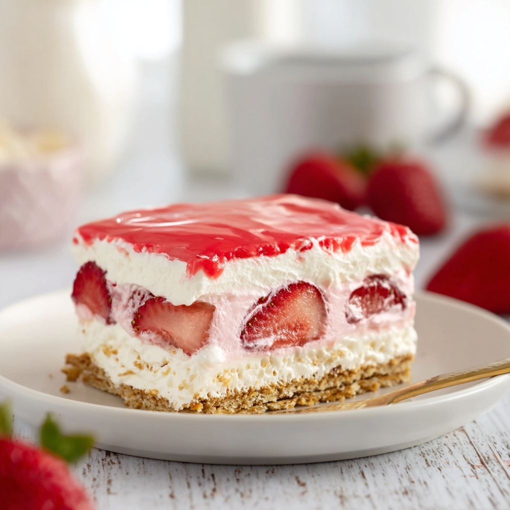 A perfect slice of no-bake Strawberry Eclair Cake on a white plate. The visible layers include graham crackers, creamy cheesecake filling, sliced strawberries, and a sweet pink frosting on top.