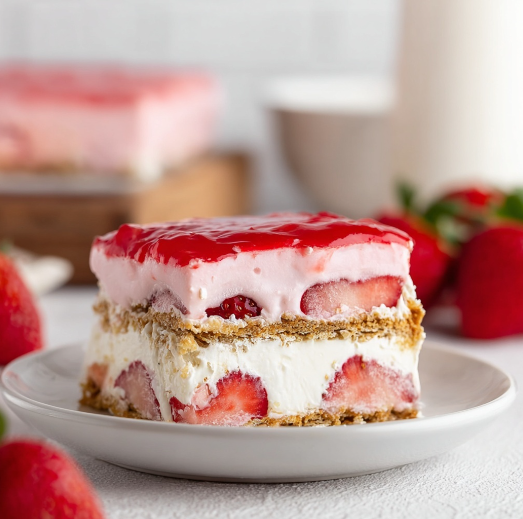 A perfect slice of no-bake Strawberry Eclair Cake on a white plate. The visible layers include graham crackers, creamy cheesecake filling, sliced strawberries, and a sweet pink frosting on top.