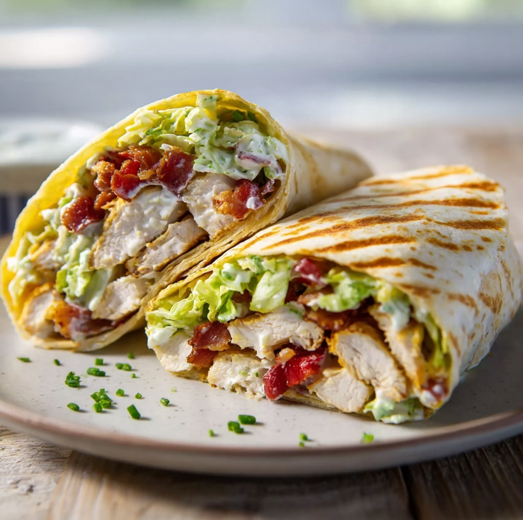 Crispy BLT Chicken Ranch Wrap cut in half, showcasing layers of chicken, bacon, lettuce, tomato, and creamy ranch dressing inside a flour tortilla on a wooden board.