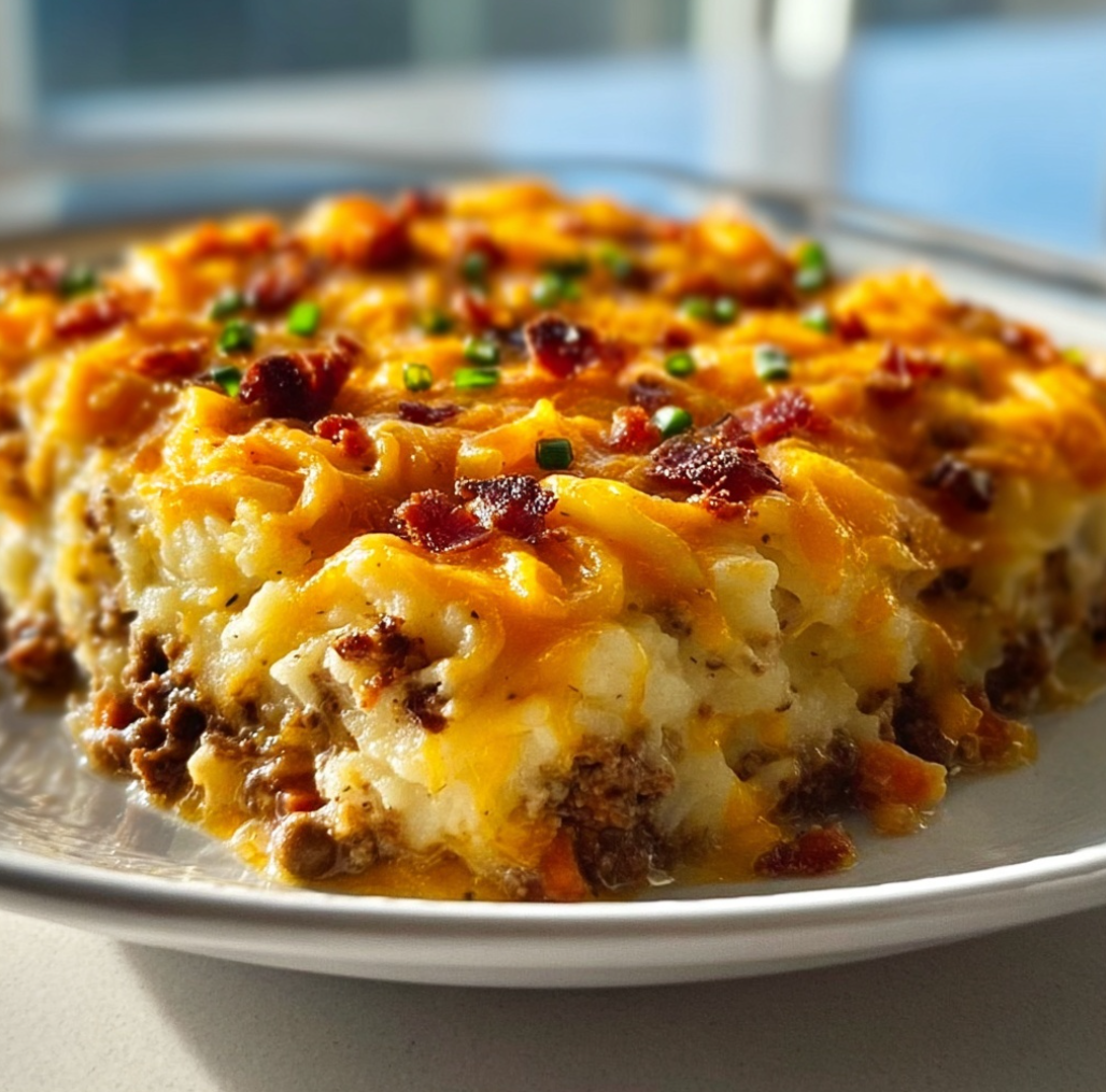 A golden, bubbly Poor Man Husband Casserole in a white baking dish. A serving has been scooped out, showing the creamy layers of ground beef, noodles, and melted cheddar cheese.