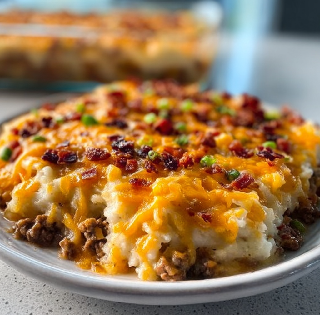 A golden, bubbly Poor Man Husband Casserole in a white baking dish. A serving has been scooped out, showing the creamy layers of ground beef, noodles, and melted cheddar cheese.