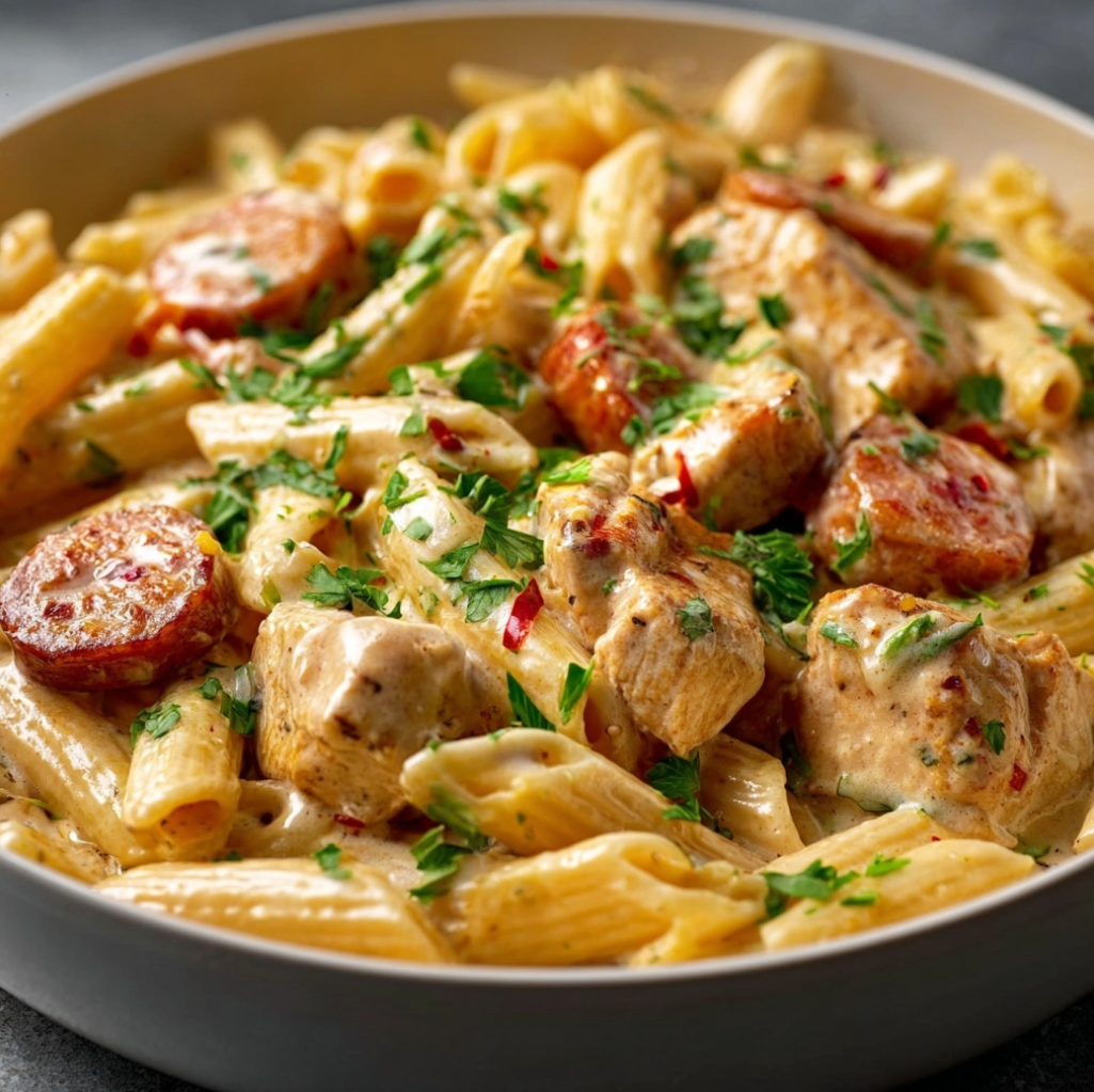 A close-up of creamy, spicy, and cheesy one-pot pasta with chicken and sausage, garnished with fresh parsley.