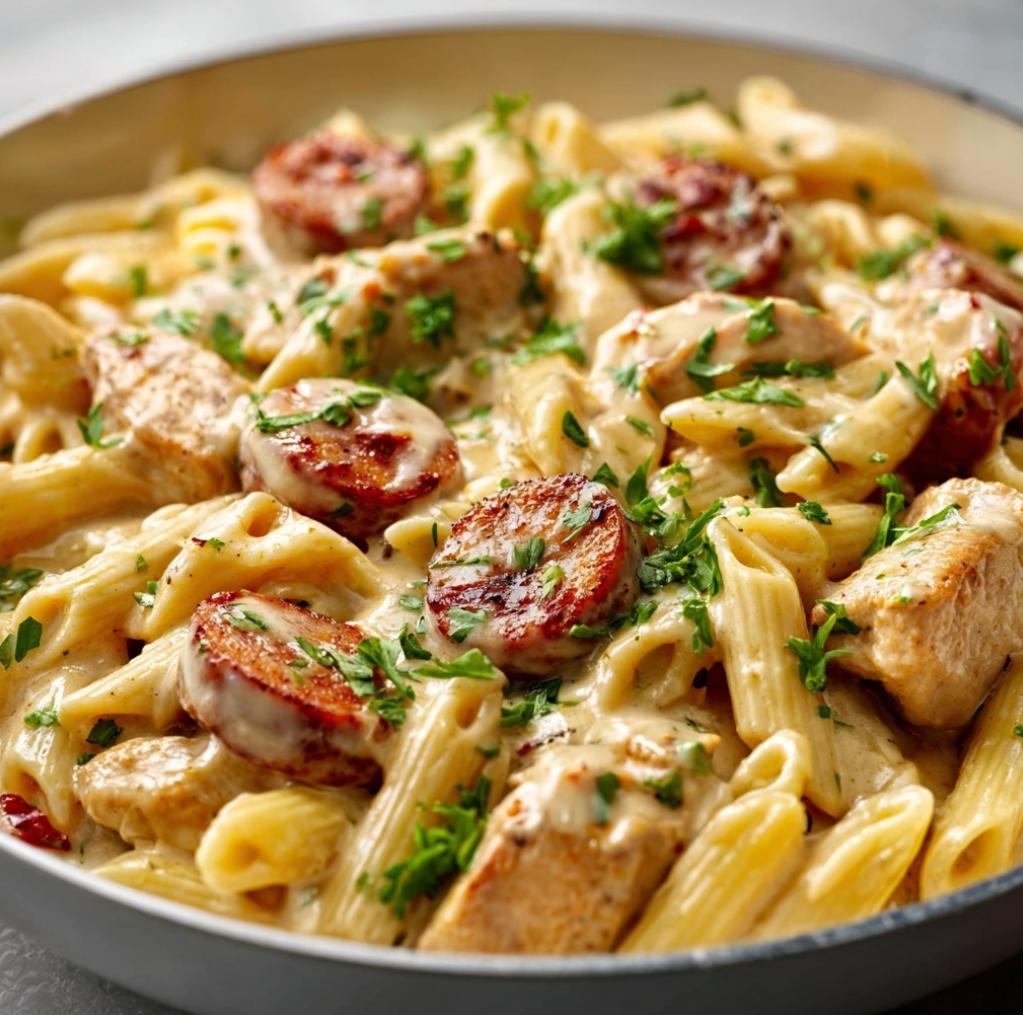 A close-up of creamy, spicy, and cheesy one-pot pasta with chicken and sausage, garnished with fresh parsley.